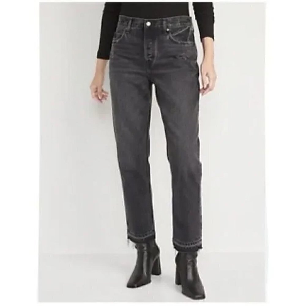 NWT Old Navy 14 Tall High Waisted Button Fly Slouchy Straight Jeans Grey/Black